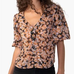 Sanctuary Button Up Sheer Puff Sleeve Floral Blouse - Size Medium- New with Tags